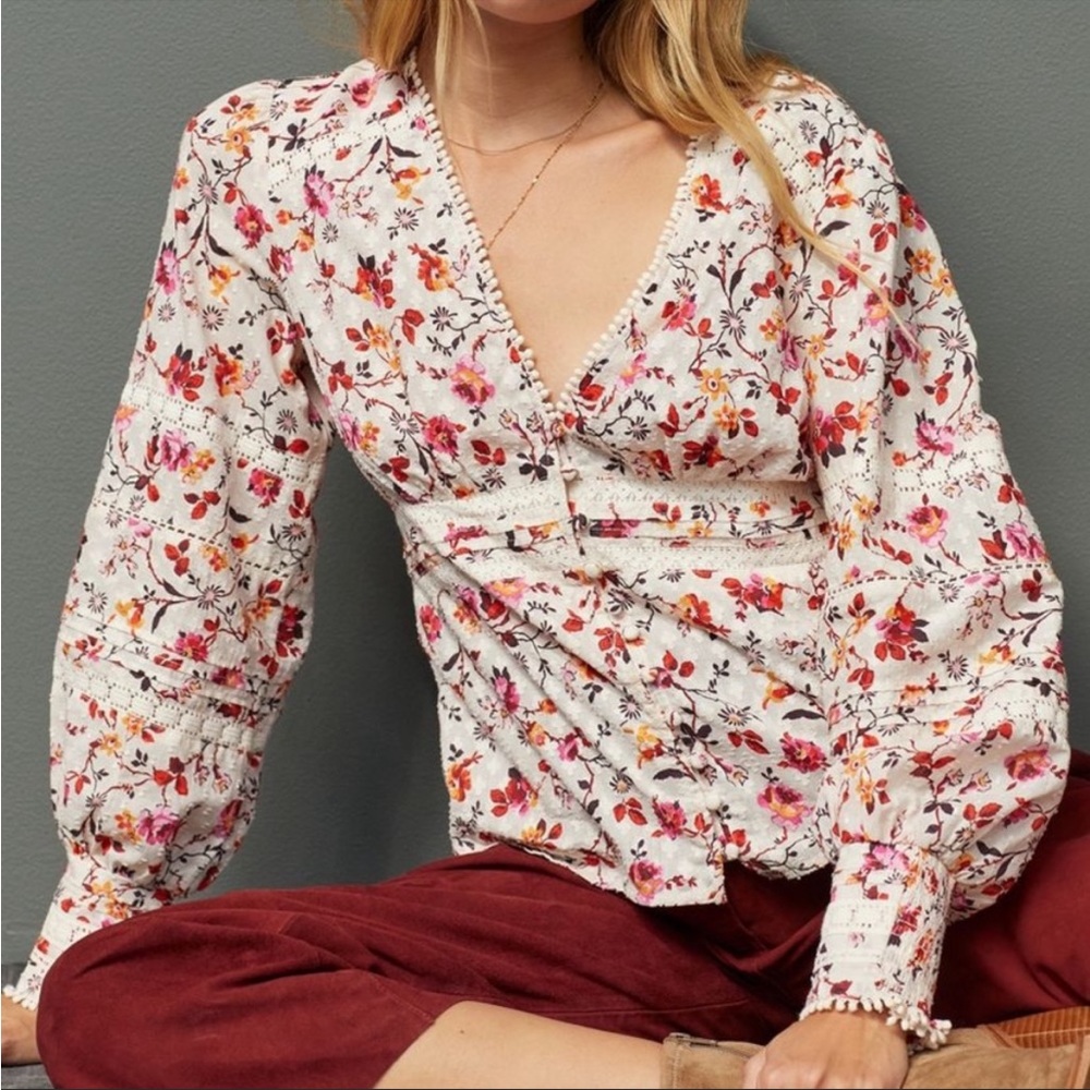 Anthropologie Puff Sleeved Lace Button Down Floral Blouse